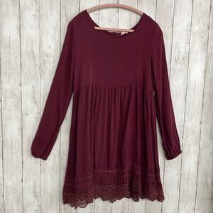 Roxy Traveler Long Sleeve Crochet Lace Pullover Empire Waist Pullover Dress